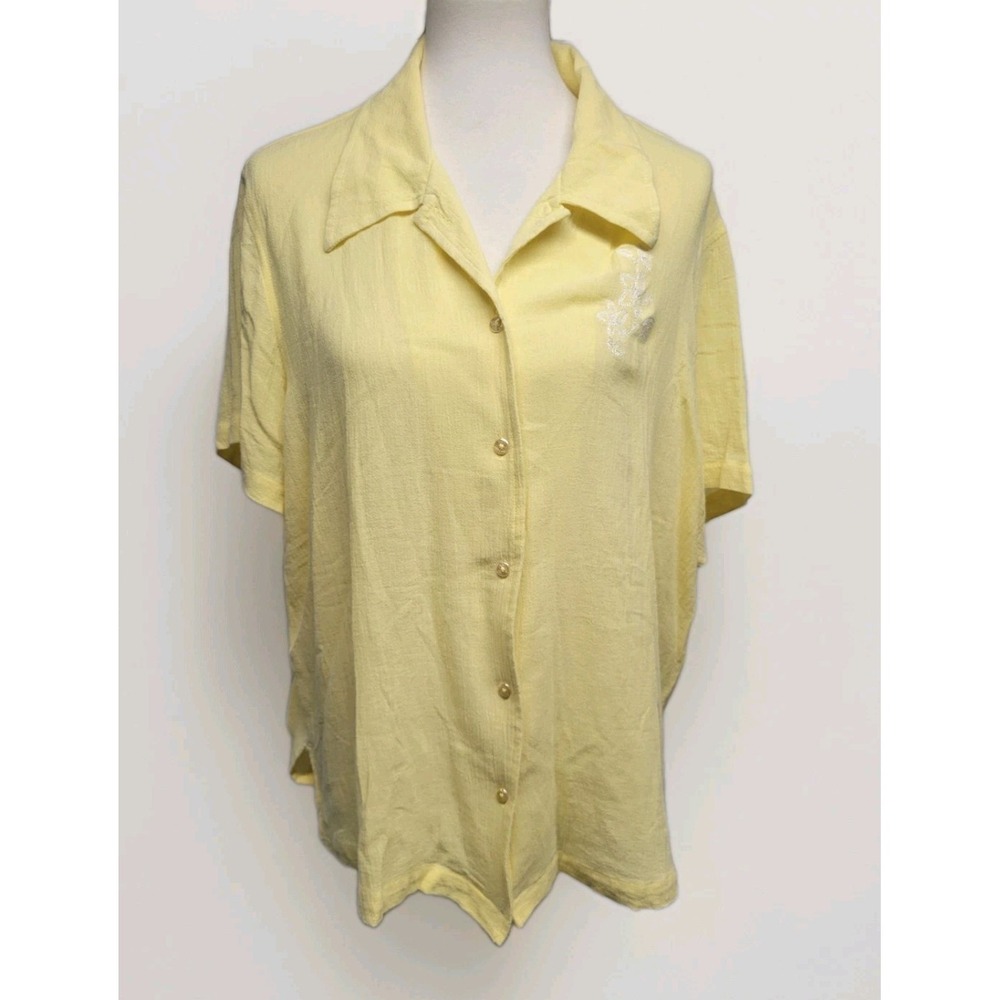 Blair Womens Large Yellow Gauze Cotton Button Down Top Floral Embroidery